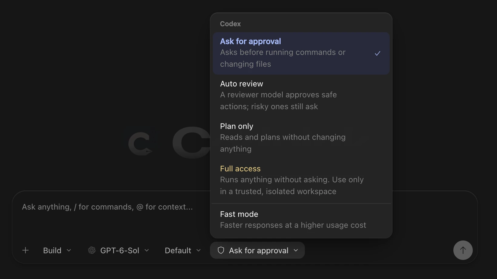 The access menu with Ask for approval, Auto review, Plan only, Full access and Fast mode.