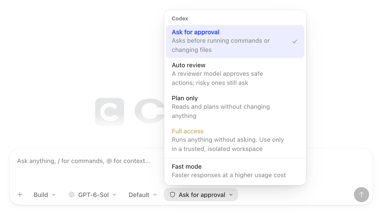 The access menu with Ask for approval, Auto review, Plan only, Full access and Fast mode.