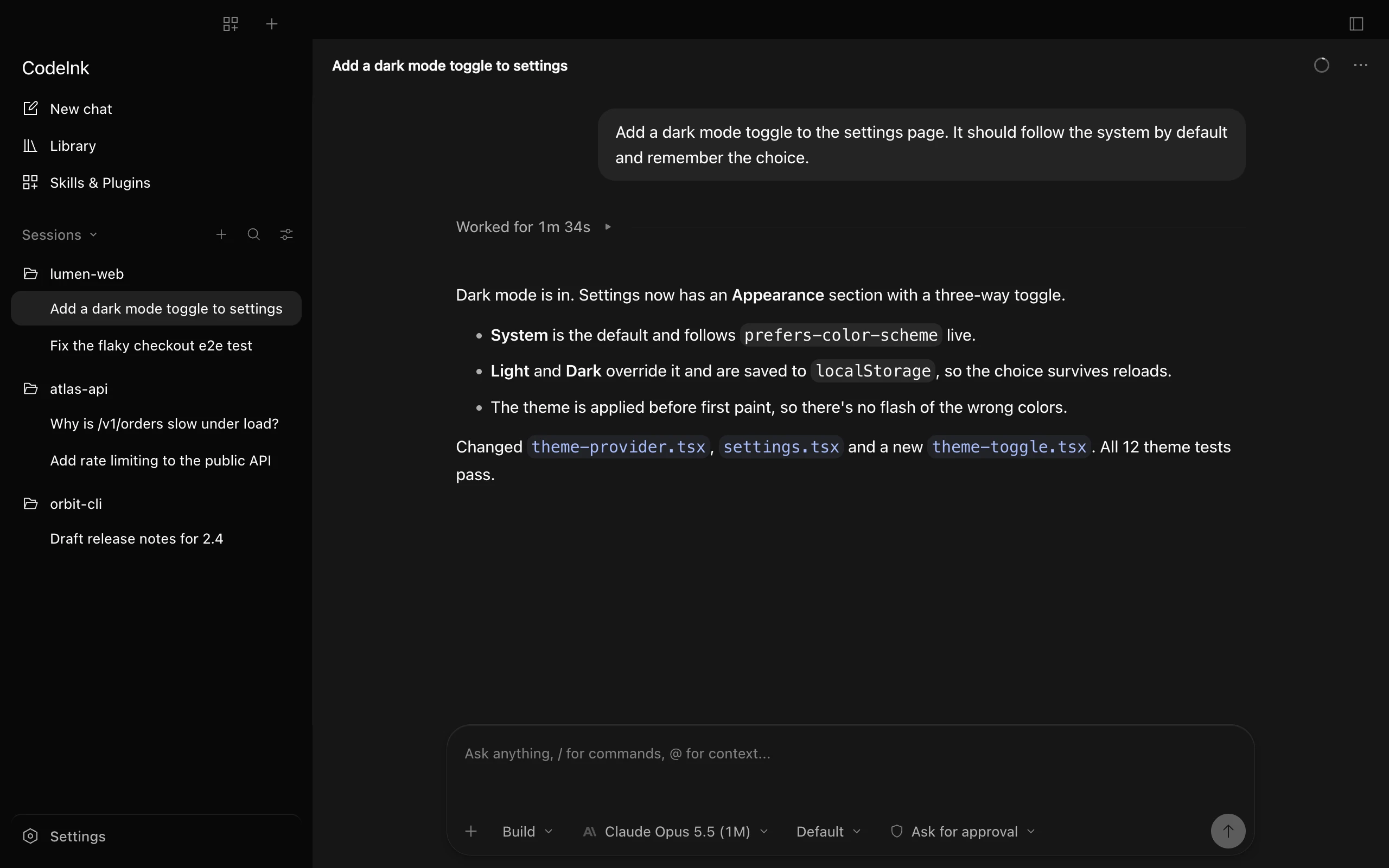 CodeInk showing a finished chat: the prompt, a collapsed ‘Worked for 1m 34s’ line and the agent’s answer.
