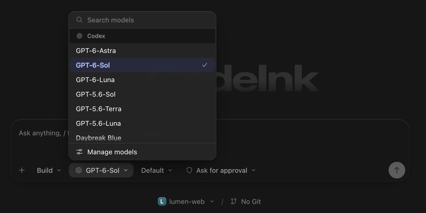 The model picker listing the models Codex reports.