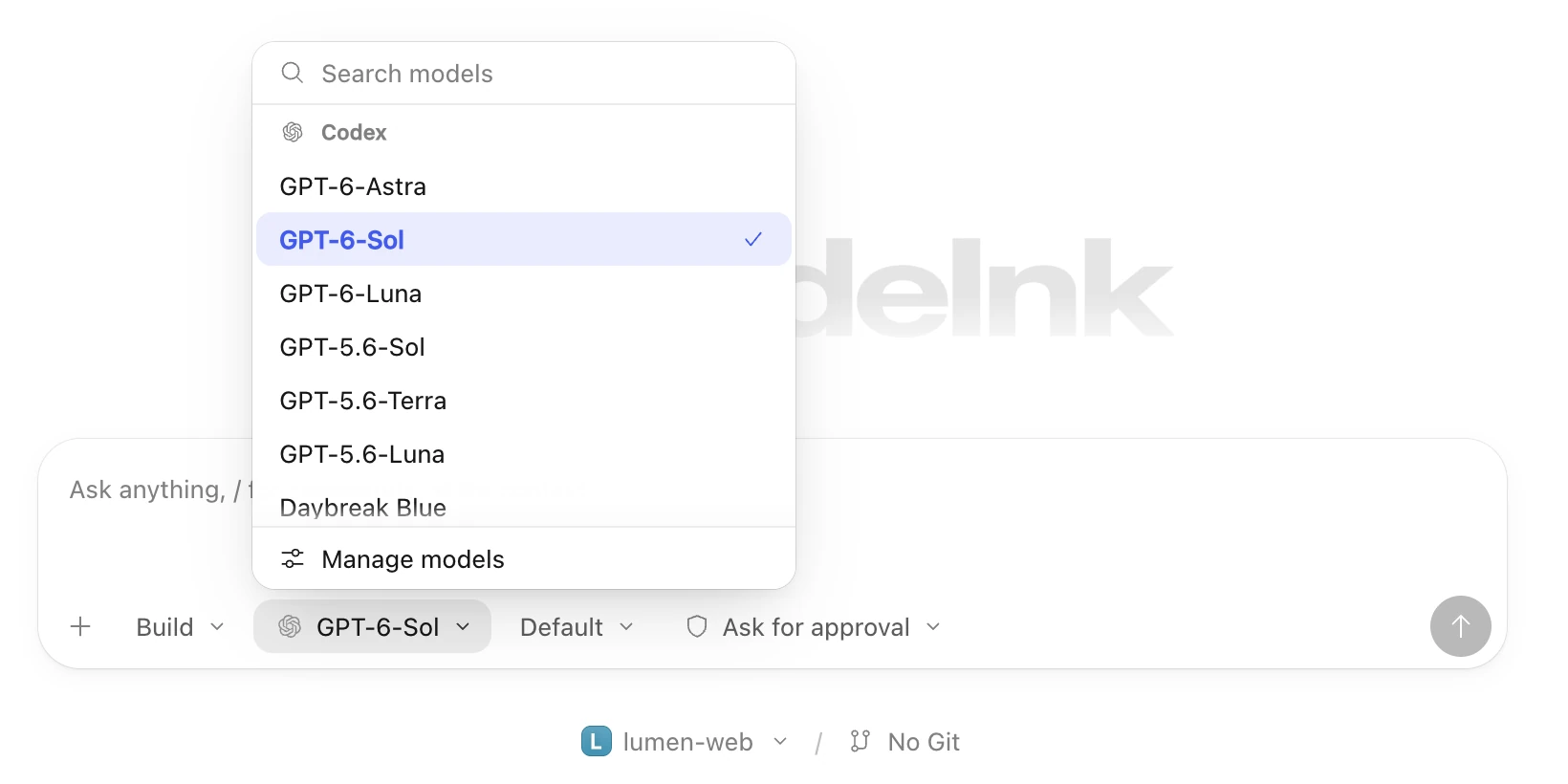 The model picker listing the models Codex reports.