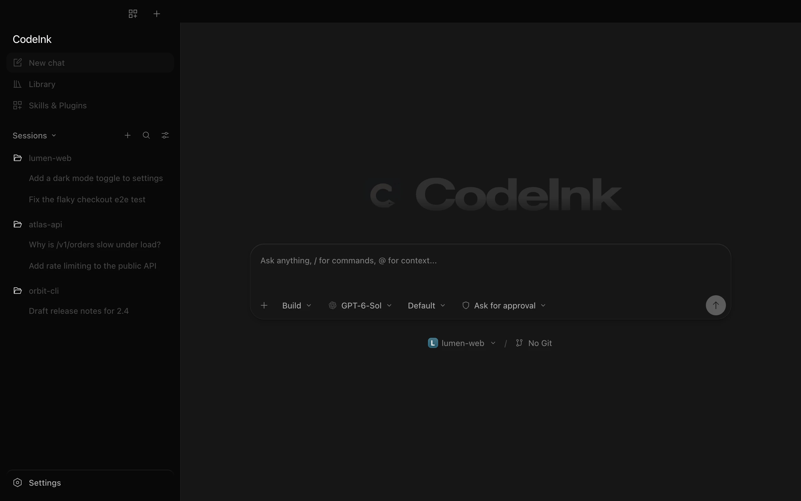 The new chat screen with the CodeInk logo, a composer and the project picker.