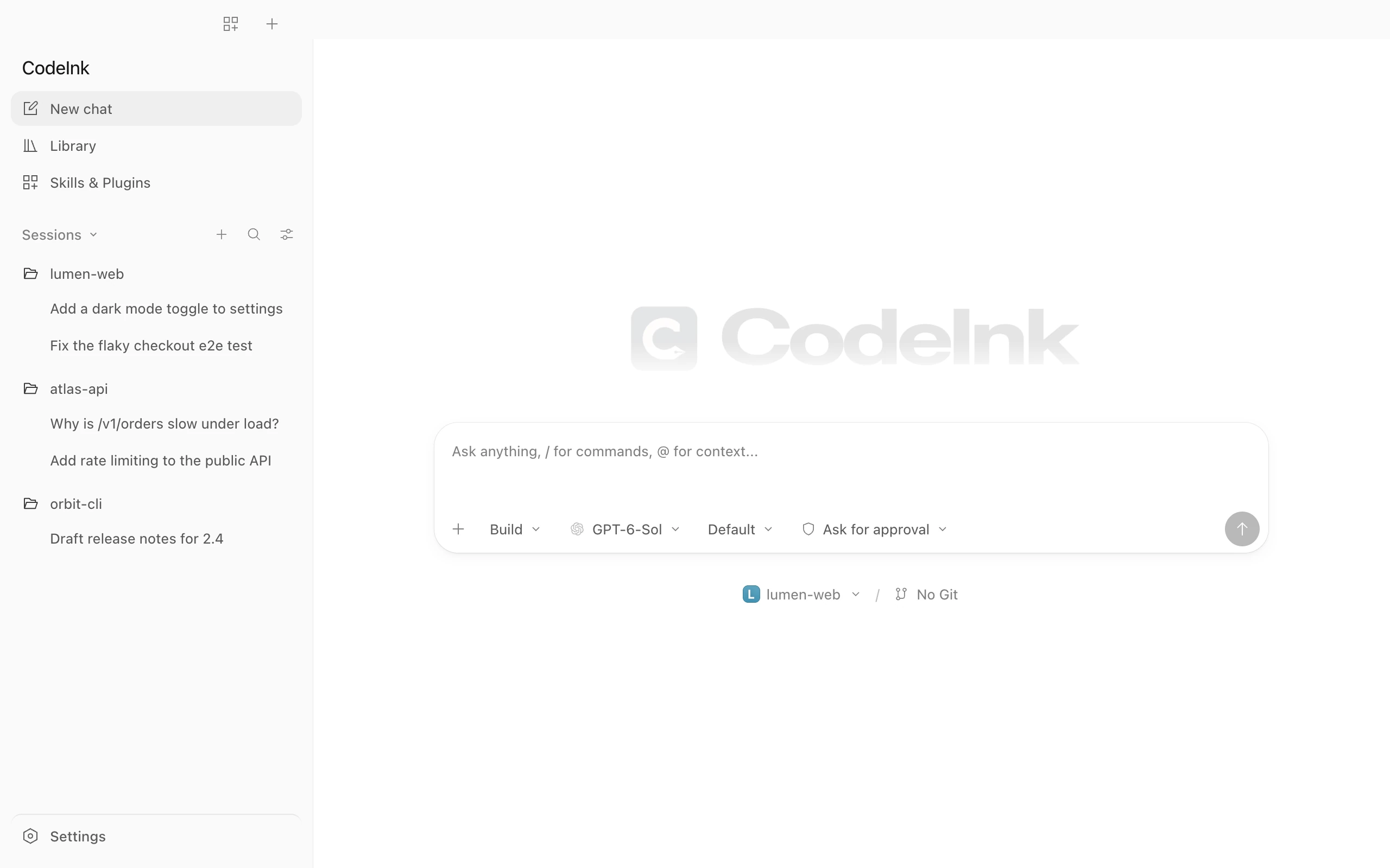 The new chat screen with the CodeInk logo, a composer and the project picker.